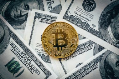 Cryptocurrency altın bitcoin para Amerikan Doları banknot yukarıda