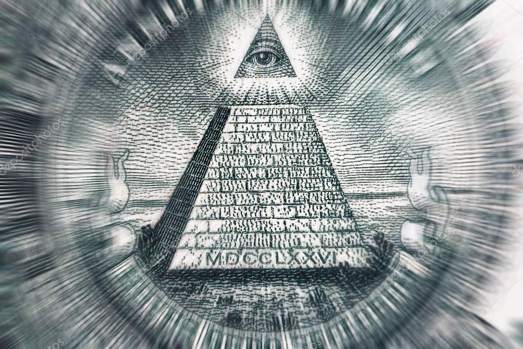Conspiracy theory concept. All Seeing Eye and Pyramid on USA dollar