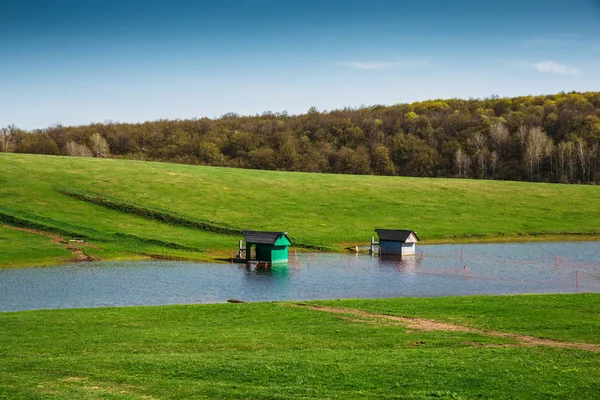 Pertanian ikan di danau kecil atau kolam buatan untuk peternakan ikan air tawar di antara padang rumput hijau — Stok Foto