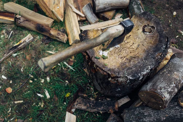 Oude bijl in een stomp, bovenaanzicht, afgezwakt — Stockfoto