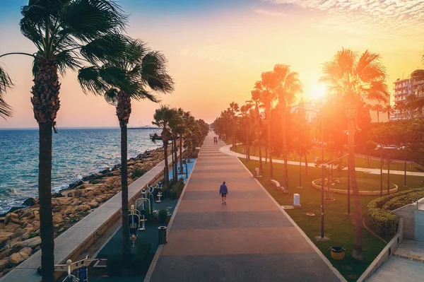 Limassol-Promenade oder Böschung bei Sonnenuntergang. Luftaufnahme der berühmten Zypernallee mit Palmen und wandelnden Menschen. mediterranes Resort zur Abendzeit — Stockfoto