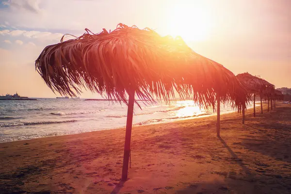 Sonnenschirm im Sonnenlicht am Strand von Zypern bei Sonnenuntergang im Limassol City Resort — Stockfoto