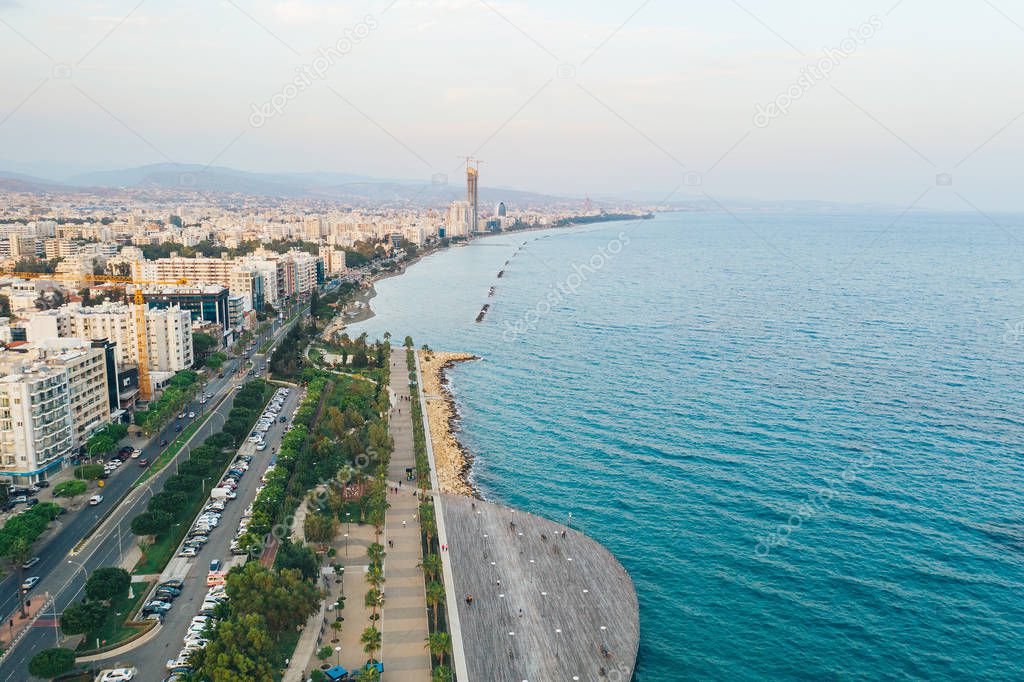 Cyprus. Limassol. Aerial View of Molos Promenade or embankment in Limassol city. Beautiful mediterranean landscape panorama from above