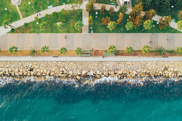 Limassol. Cyprus. Aerial top view of Limassol Molos Park, alley with palms for walking. Mediterranean sea coastline — Stock Photo, Image