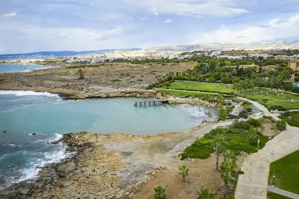Paphos, Cyprus, aerial view from drone of famous tourist resort coastline — Stock Photo, Image