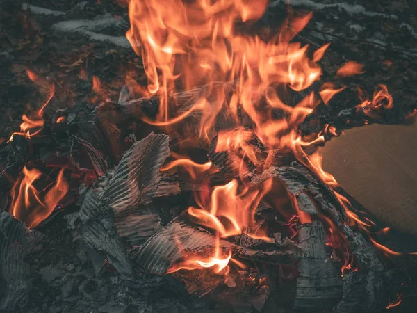 Brandend vuur met as. Papieren brandwonden, close-up — Stockfoto