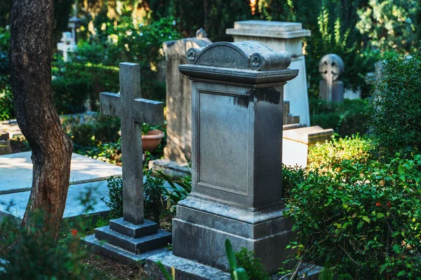 Grafstenen op het kerkhof tussen groene planten. Oude graven op het Italiaanse kerkhof — Stockfoto