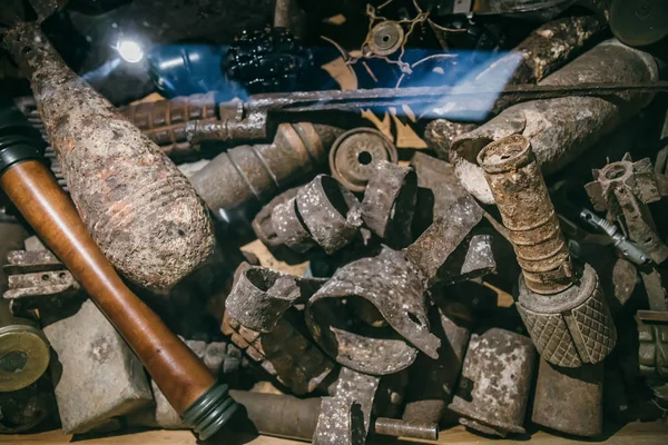 Old rusty shells, grenades and bullets of World War 2, close up. Vintage military equipment — 스톡 사진