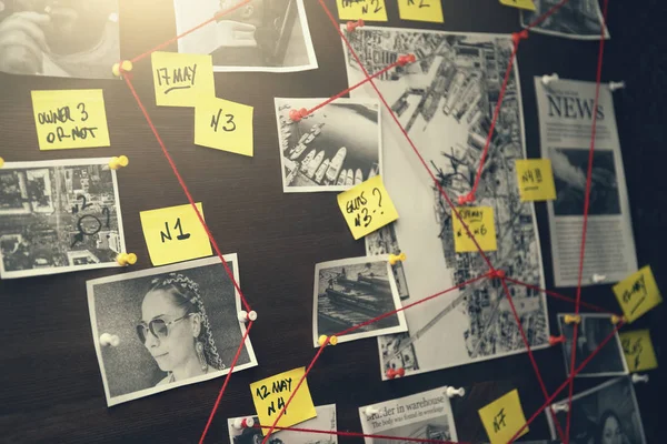 Detective board with crime scenes, photos of suspects and victims, evidence with red threads