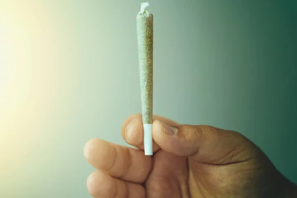Articulation de mauvaises herbes à la main masculine. Marijuana ou cannabis prêt à fumer. Amsterdam célèbre drogue légale — Photo
