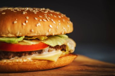 Taze ev yapımı hamburger veya hamburger, fast food, makro fotoğraf, fotokopi alanı