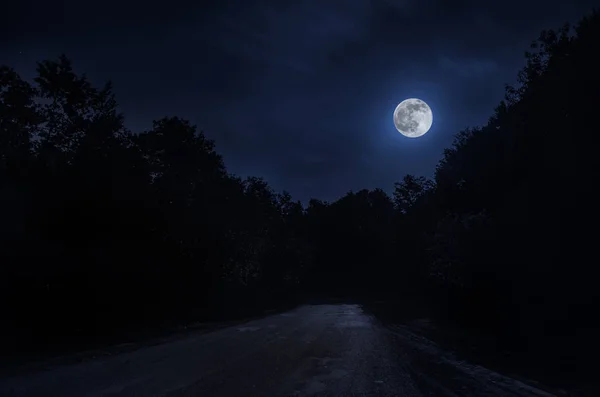 Manzara yollar ile parlak ay ve bir taraftan taş hill ve diğer orman arasında gece görüş — Stok fotoğraf