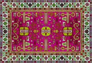 Farsça halı doku, soyut süsleme. Yuvarlak mandala desen, Doğu geleneksel halı yüzey. Turkuaz yeşil kırmızı kestane rengi turuncu mavi gri kahverengi sarı Menekşe kare zemin yatay