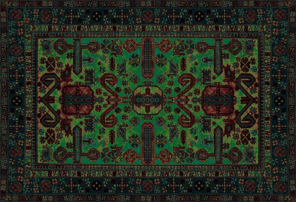 Persian Carpet Texture, abstract ornament. Round mandala pattern, Eastern Traditional Carpet surface. Turquoise green red maroon orange blue grey brown yellow violet square background horizontal — Stock Photo, Image