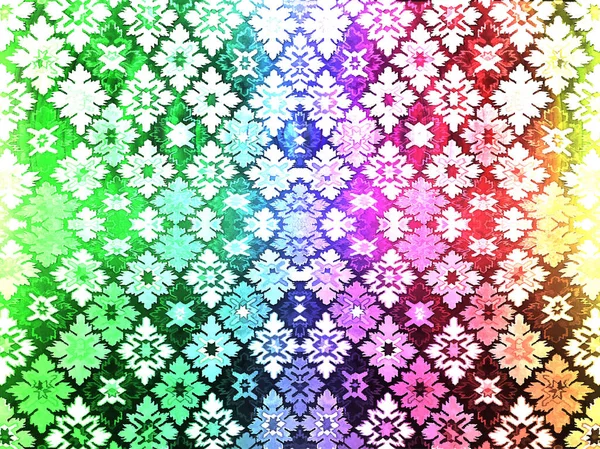 Fragment of ornamental carpet green blue red pink grey violet yellow orange maroon black white turquoise, or abstract surface of tiled rhombus leaves pattern, snowflake texture useful as background — Stock Photo, Image