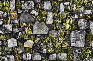 Eski nehir taşları doku beyaz gri kahverengi siyah yeşil mavi kireç sarı turuncu kestane rengi mor pembe turkuaz renkli arka plan, taş mozaik yüzey farklı türü ile tuğla duvar parçası