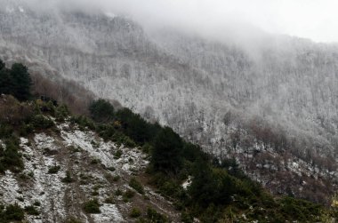Dağlarda, Azerbaycan, Qax, Ilısu, Kaxi sisli kış manzara Panoraması