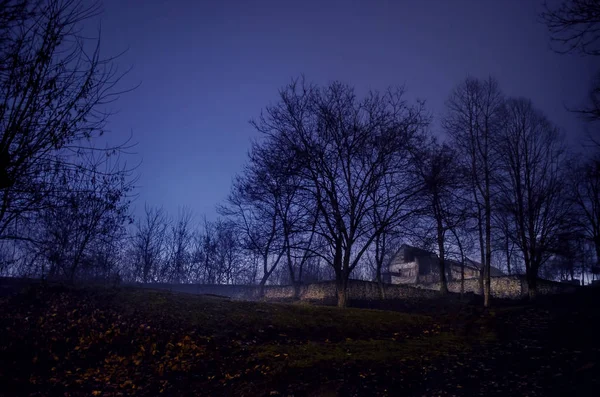 Casa em nevoeiro à noite no jardim, Paisagem da casa fantasma na floresta escura . — Fotografia de Stock