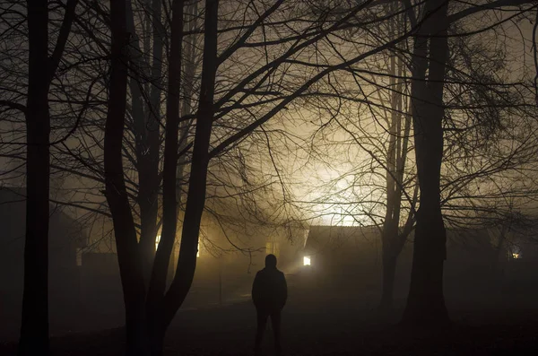 밤에 어두운 유령 숲에서 이상한 실루엣, 신비로운 프리 소 름 남자와 초현실적인 빛 — 스톡 사진