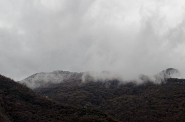 dağ kar manzara doğa ağaçlar ve Ilısu, Qax Azerbaycan, büyük Kafkasya sis