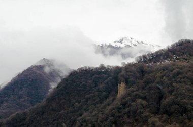 dağ kar manzara doğa ağaçlar ve Ilısu, Qax Azerbaycan, büyük Kafkasya sis