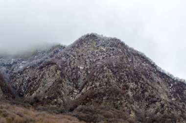 dağ kar manzara doğa ağaçlar ve Ilısu, Qax Azerbaycan, büyük Kafkasya sis