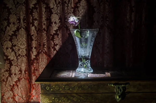Uma rosa murcha significa amor perdido, divórcio, ou um mau relacionamento, mortos subiu em vaso em caso de madeira fundo escuro — Fotografia de Stock