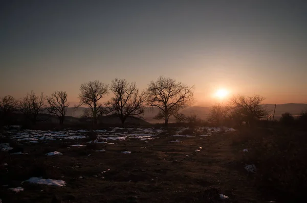 Erdei út alatt naplemente napsugarak. Gyönyörű naplemente, narancs és vörös felhők mögött néhány tűlevelű fák. Azerbajdzsán, Caucasus — Stock Fotó