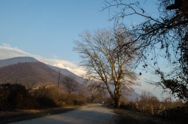 Dağın içine gidiyor yol asfalt manzara ağaçlar, köy ve orman yerler geçer. veya günbatımı kırsal yerlerde, Azerbaycan
