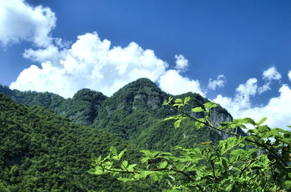 Beautiful summer landscape in mountains, green meadows and the dark blue sky with clouds. Большой Кавказ. Азербайджан. Гах. Илису — стоковое фото