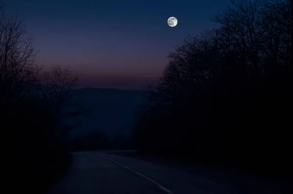 Mountain Road a través del bosque en una noche de luna llena. Paisaje nocturno escénico de cielo azul oscuro con luna. Azerbaiyán — Foto de Stock