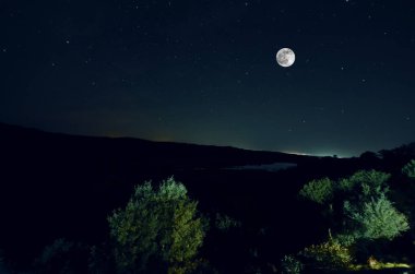 Güzel gece manzarası büyük dağ yolu hill ve ağaçları ile yükselip dolunay. Orman ve dağlar Azerbaycan'ın Güney bölümünün. Masallı Yardimli