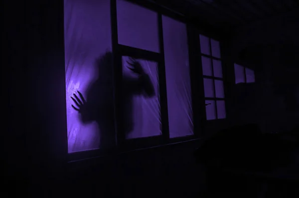 Horror concept. The silhouette of a human with sprayed arms in front of a window. at night. — Stock Photo, Image