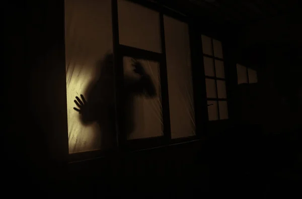 Horror concept. The silhouette of a human with sprayed arms in front of a window. at night. — Stock Photo, Image