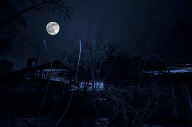 Güzel manzara Köyü binalar ve ağaçlar ve gece gökyüzüne büyük dolunay sokak. Büyük Caucasus. Azerbaycan doğa Qazax