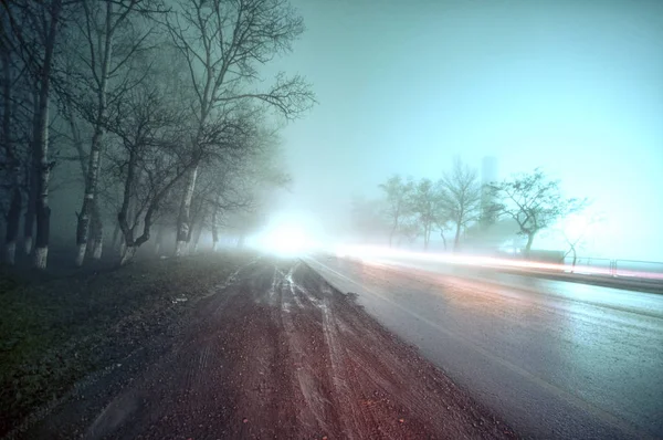 Bellissimo paesaggio notturno di strada nebbiosa in una foresta buia dopo la pioggia. Azerbaigian — Foto Stock