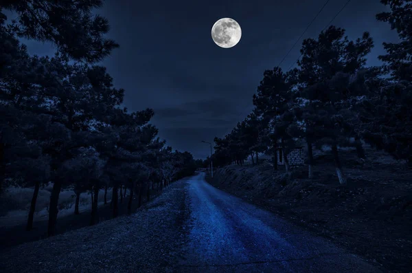 Schöne Landschaft Dorfstraße mit Gebäuden und Bäumen und großen Vollmond am Nachthimmel. Großkaukasus. azerbaidschanische Naturgazach — Stockfoto