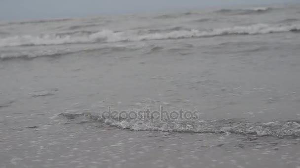 Les vagues de la mer Caspienne sont roulées sur une plage de sable et de coquillages avec une pierre de granit jaune. Concentration sélective du temps nuageux. Absheron Azerbaïdjan — Video