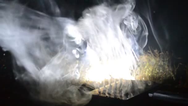 Vape koncept. Rök moln och vape flytande flaskor på mörk bakgrund. Ljuseffekter. Användbar som eller vape annons eller vape bakgrund. — Stockvideo