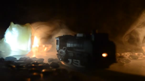 Train moving in fog. Ancient steam locomotive in night. Night train moving on railroad. orange fire background. Horror mystical scene — Stock Video