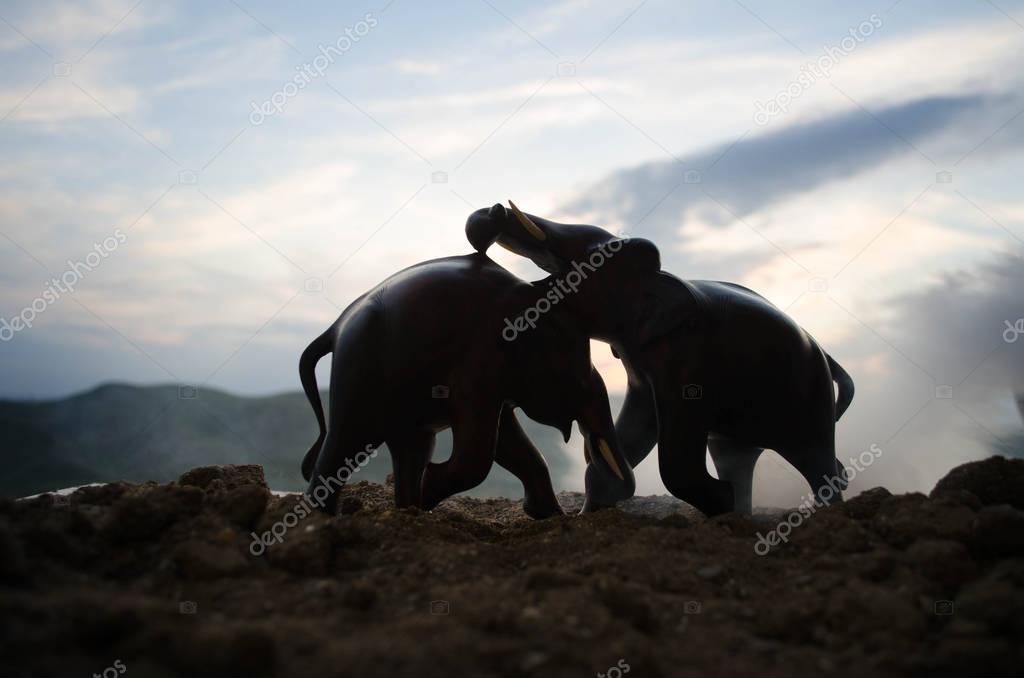 Two elephant bulls interact and communicate while play fighting.