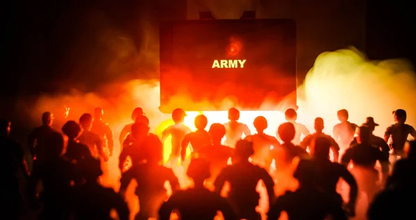 Anti-riot police give signal to be ready. Government power concept. Police in action. Smoke on a dark background with lights. Blue red flashing sirens. — Stock Photo, Image