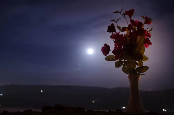 Flores de primavera roxas pitorescas em vaso de vidro em pé em uma fileira em um fundo escuro com estrelas e lua — Fotografia de Stock