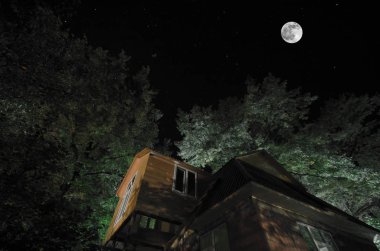 Güzel manzara Köyü binalar ve ağaçlar ve gece gökyüzüne büyük dolunay sokak. Büyük Caucasus .