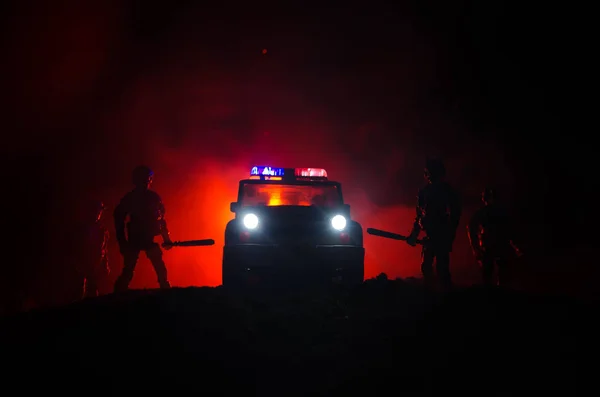 Anti-riot police give signal to be ready. Government power concept. Police in action. Smoke on a dark background with lights. Blue red flashing sirens. Dictatorship power. Selective focus — Stock Photo, Image