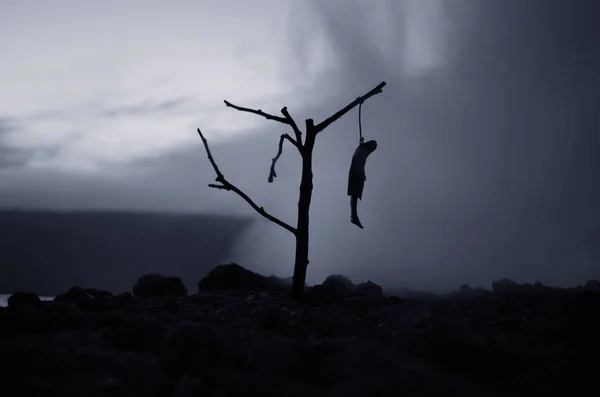 Hororové pohled Oběšená dívku na strom na večer (v noci) sebevraždu dekorace. Popravy trest smrti nebo sebevražda abstraktní idea. — Stock fotografie