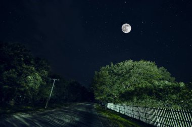 Dağ yolu ormandaki bir dolunay gecesi. Moon ile koyu mavi gökyüzünün doğal gece manzarası. Azerbaycan. Uzun çekim fotoğraf