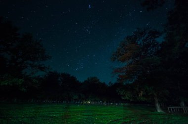 Dağ yolu ormandaki bir dolunay gecesi. Moon ile koyu mavi gökyüzünün doğal gece manzarası. Azerbaycan. Uzun çekim fotoğraf