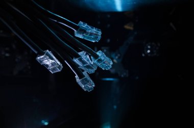 Ağ anahtarı ve ethernet kabloları, global iletişim sembolüdür. Işıklar ve duman ile koyu arka plan üzerinde renkli ağ kabloları. Seçici odak
