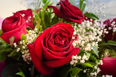 Gül buketi kapatın. Arka plan bulanık. Seçici odak. Çiçek desen veya tebrik kartı arka plan. Taze güller, kırmızı güller başkanları ve papatya çiçeği buket